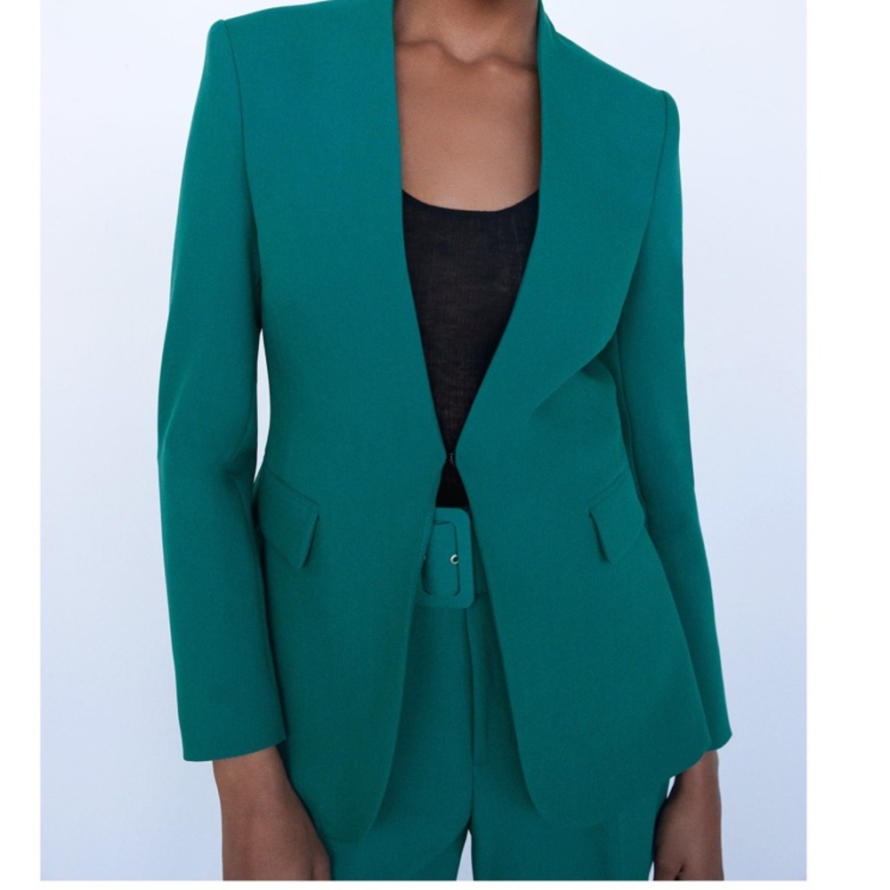 Zara duck green blazer & high waisted belted pants